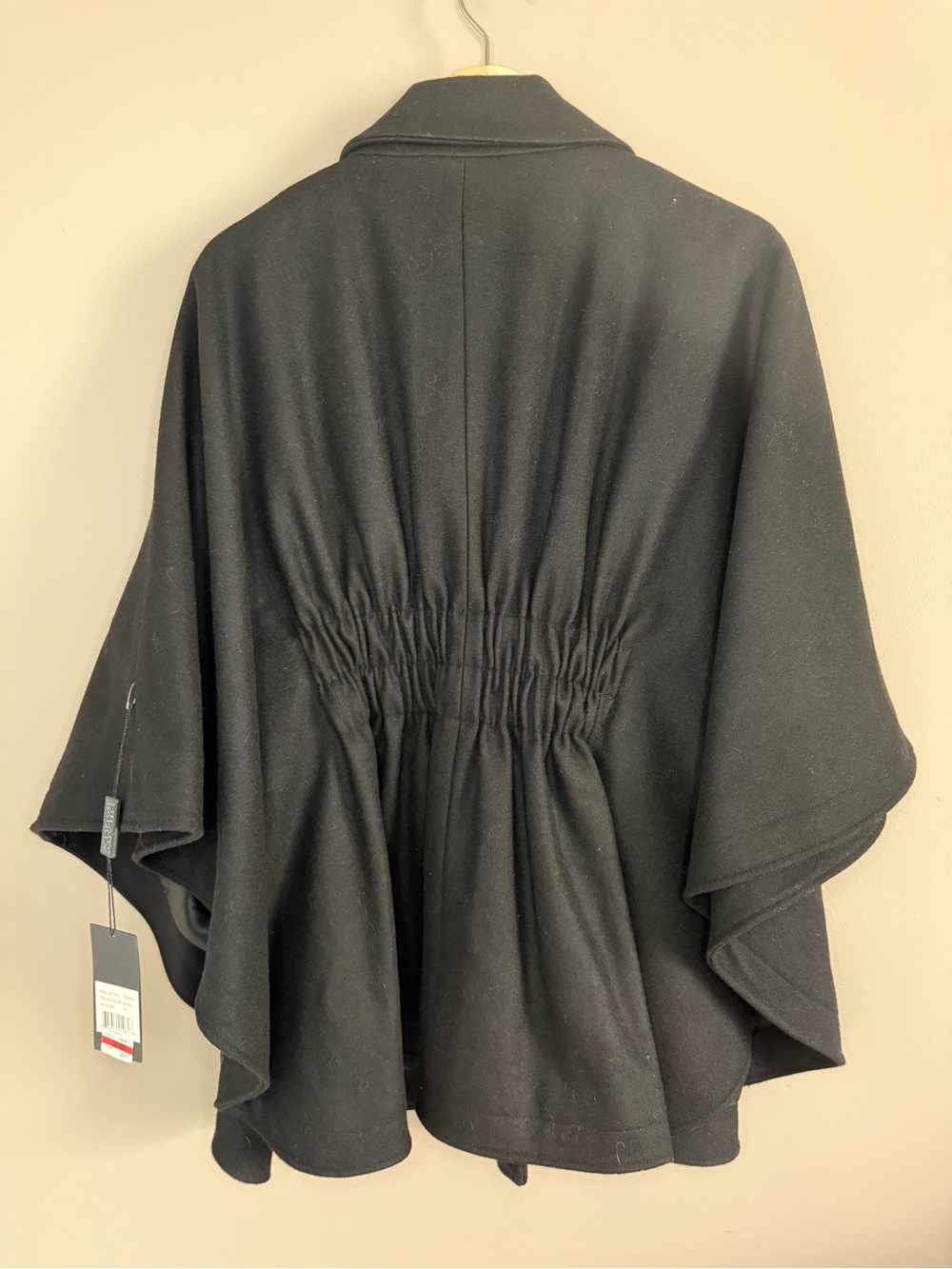 NWT Hilary Radley Black Wool Cinched Poncho Cape Coat‎ Batwing-Sleeves Vintage M - Picture 4 of 14